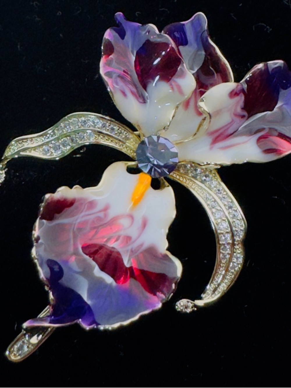 Elegant Iris Enamel Brooch in Purple, White & Pink